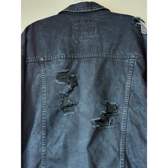 Forever 21 Distressed Black Denim Oversized Men Jacket Hip Hop Y2K Small A0040 - Picture 3 of 6
